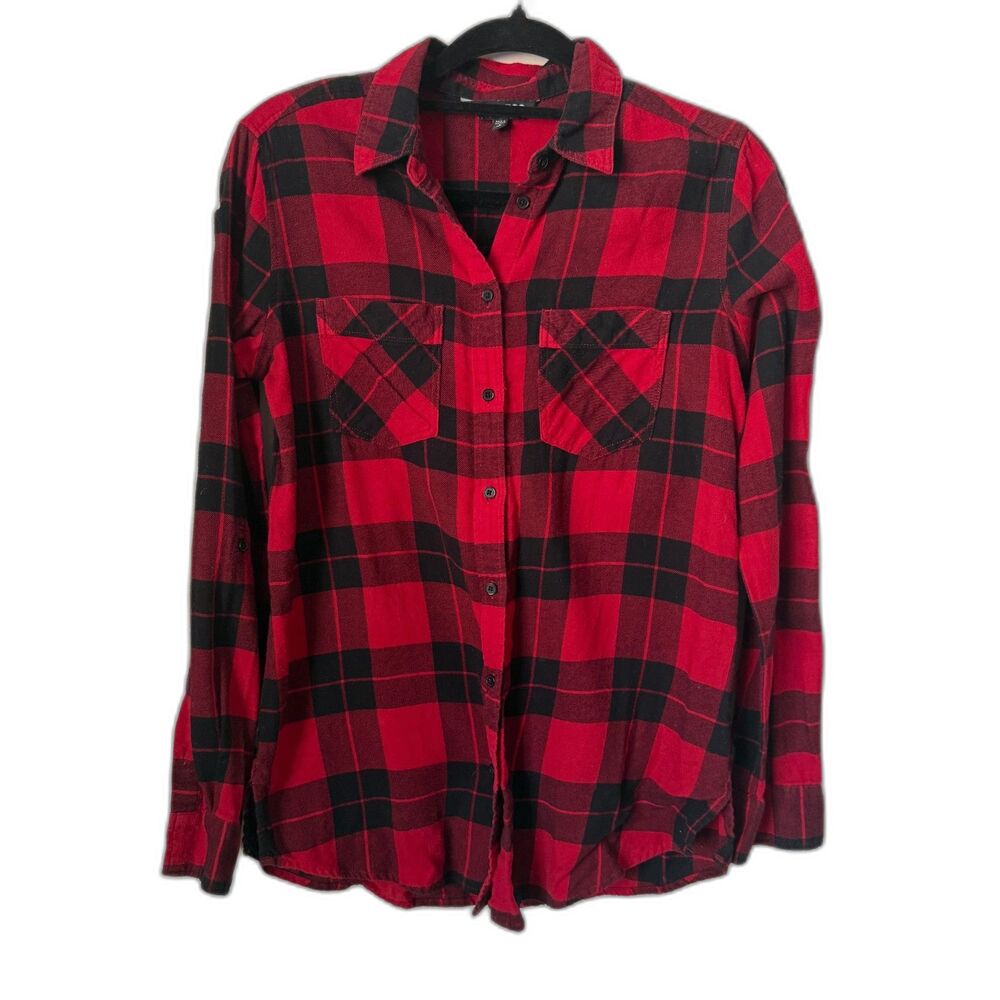 Express Red Black Buffalo Plaid Flannel Button Down Boyfriend Shirt Small